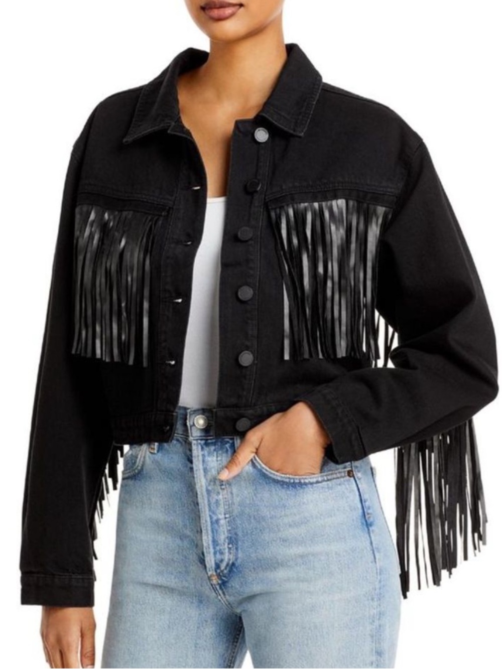[BLANKNYC] Womens Black Fringe Light Weight Denim Jacket Coat battle ship 1X